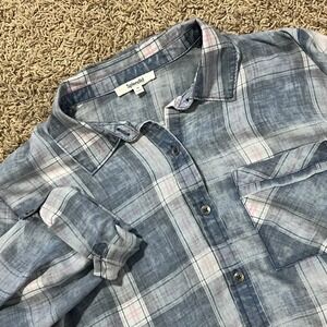 Splendid Plaid Button Down Shirt Blue Pink White Long Sleeve Women's Size M